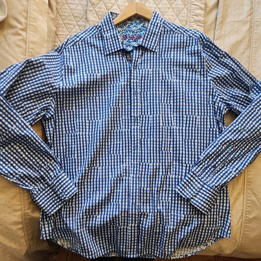 Robert Graham Blue Plaid Pattern Shirt Relaxed Embroidered Flip Cuffs size XL
